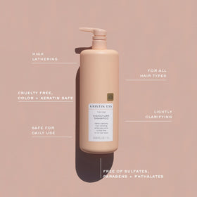 Kristin Ess shampoo being poured dime-sized amount indicating concentrated formula and economical use benefit