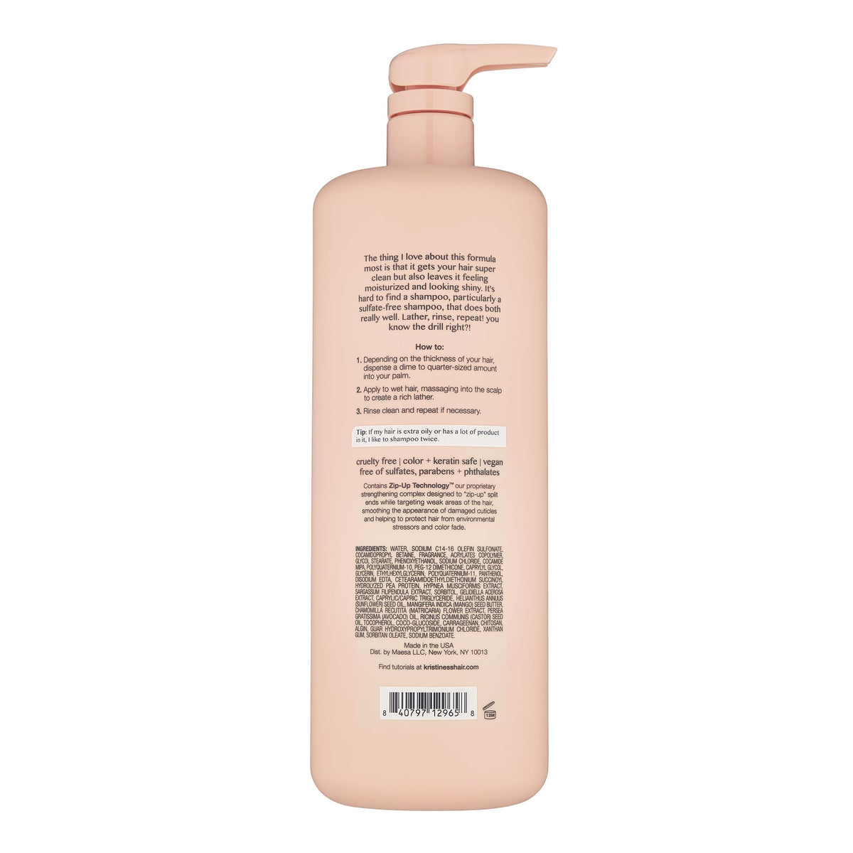 Kristin Ess pump and label close-up highlighting ingredients and easy dispensing benefit