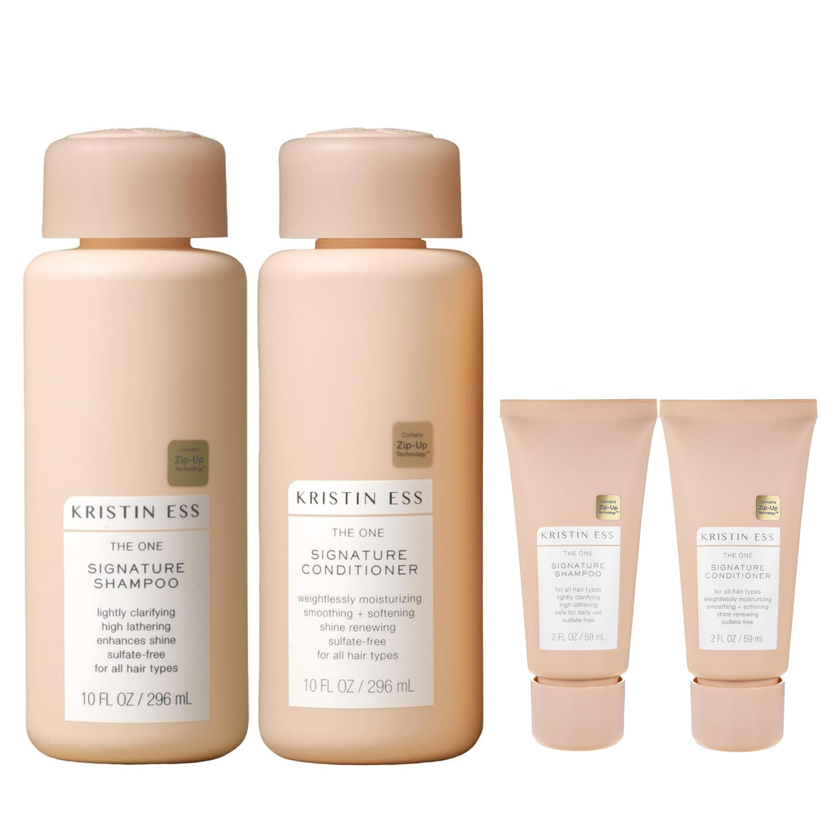 Kristin Ess front packaging showing full and travel bottles, easy travel convenience