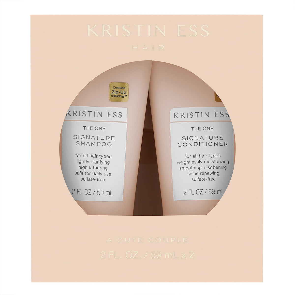 Kristin Ess travel duo front packaging showing compact 2oz bottles and benefits