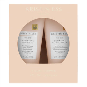 Kristin Ess travel duo front packaging showing compact 2oz bottles and benefits