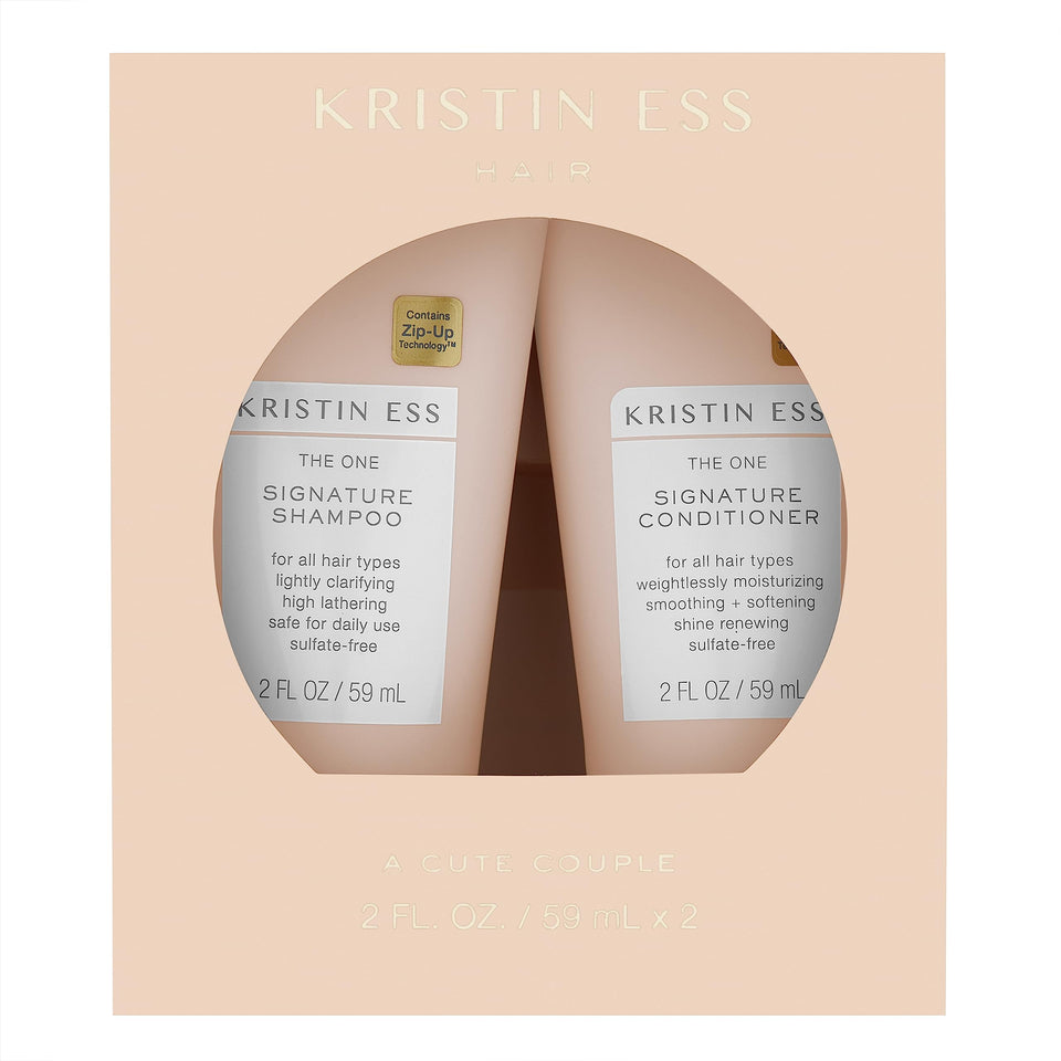 Kristin Ess travel duo front packaging showing compact 2oz bottles and benefits