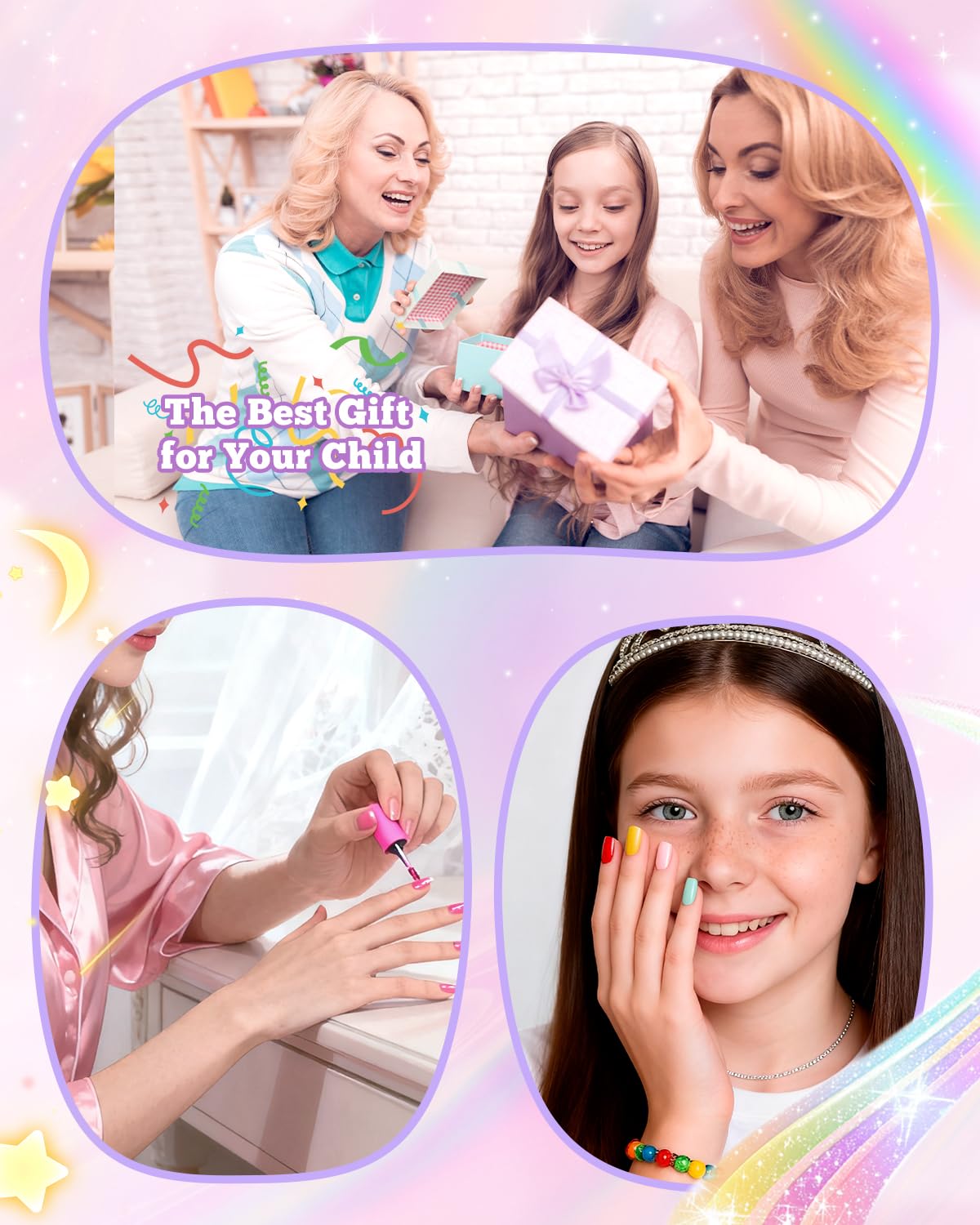 krofaue kids at a birthday party wearing decorated press on nails