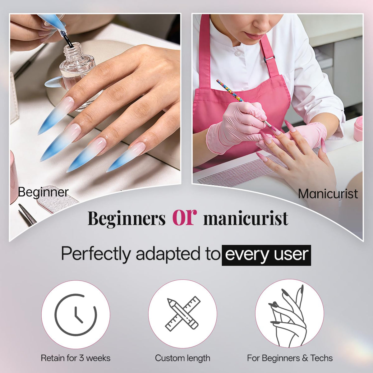 krofaue finished manicure lifestyle photo showing bold stiletto design