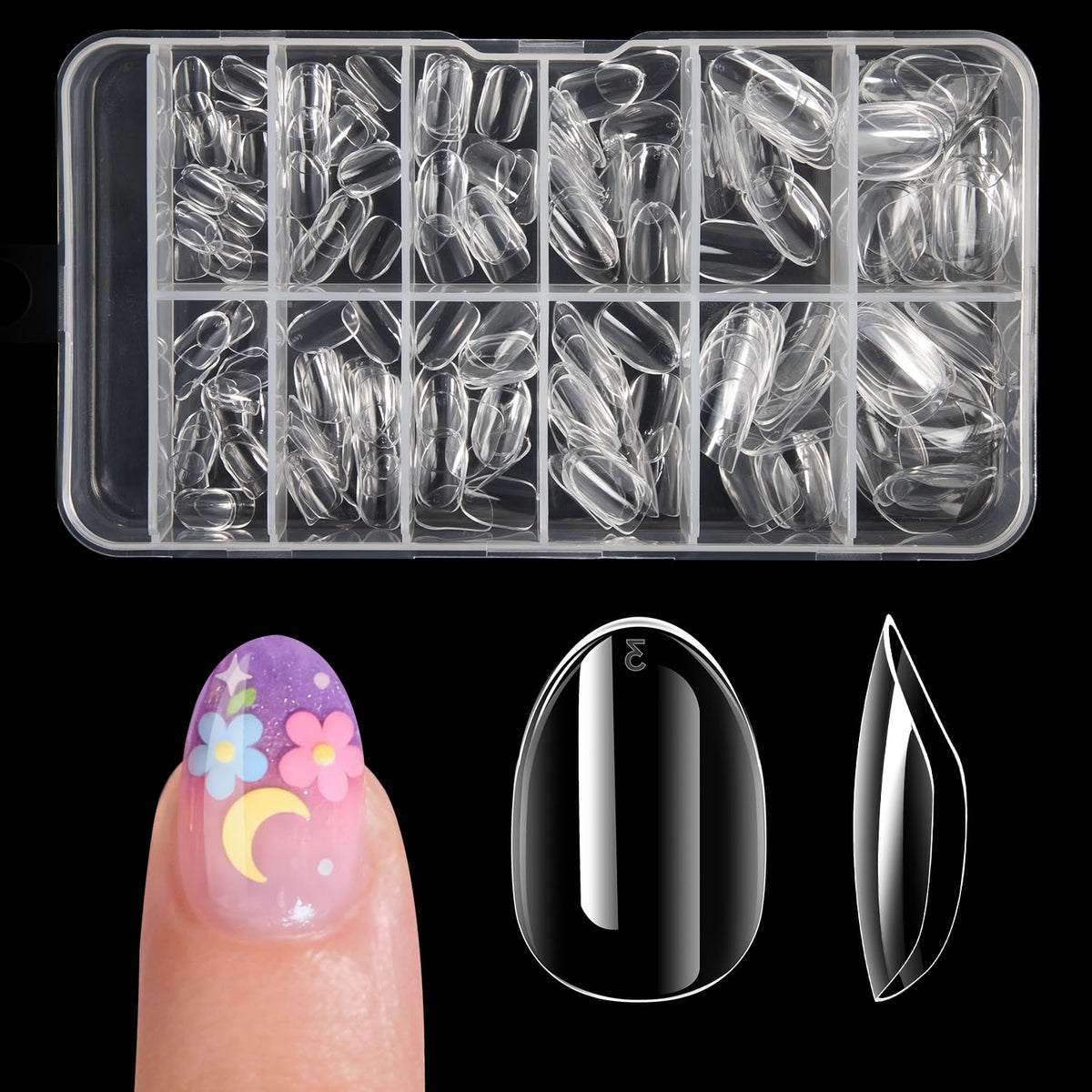 krofaue front packaging showing clear almond kids nails for easy selection