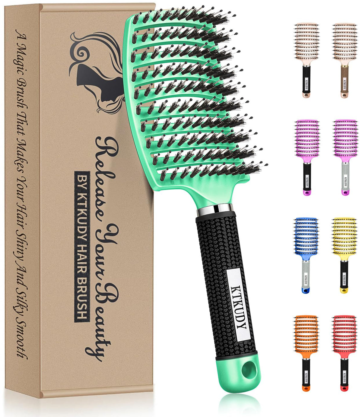 KTKUDY curved boar-bristle brush front view showing smooth finish and ergonomic handle for comfortable brushing