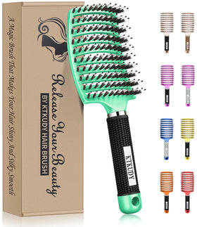 KTKUDY curved boar-bristle brush front view showing smooth finish and ergonomic handle for comfortable brushing