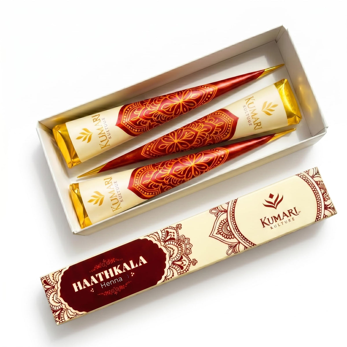 Kumari Kulture front packaging showing three ready-to-use henna cones and convenience