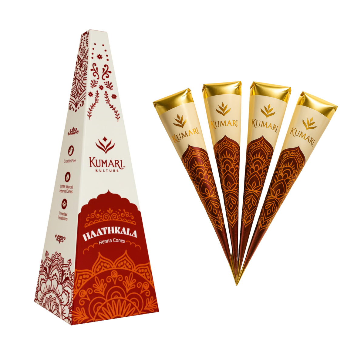 Kumari Kulture front packaging showing four dark reddish brown henna cones for convenience