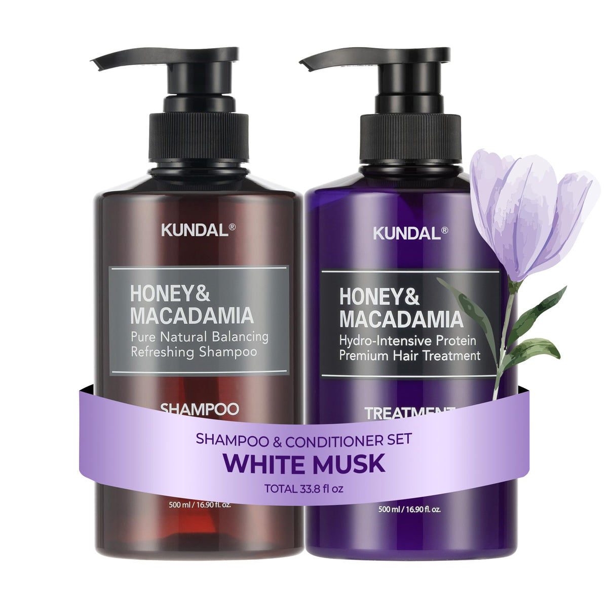 KUNDAL front packaging showing the white musk shampoo and conditioner for salon hydration