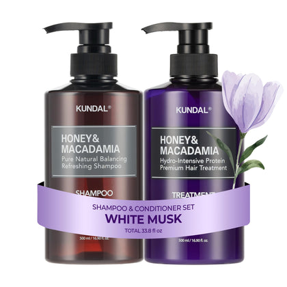 KUNDAL front packaging showing the white musk shampoo and conditioner for salon hydration