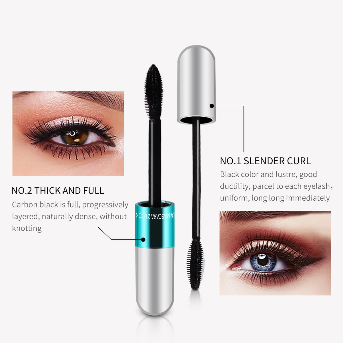KUNSHNBEI mascara texture close-up highlighting smooth 4D silk fibers for natural-feeling length and volume