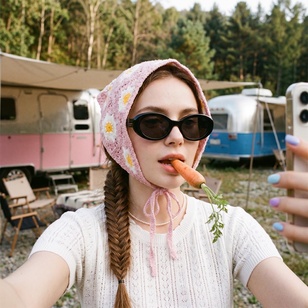 KuuGuu bandana tied around a low bun demonstrating adjustable straps and stable hold