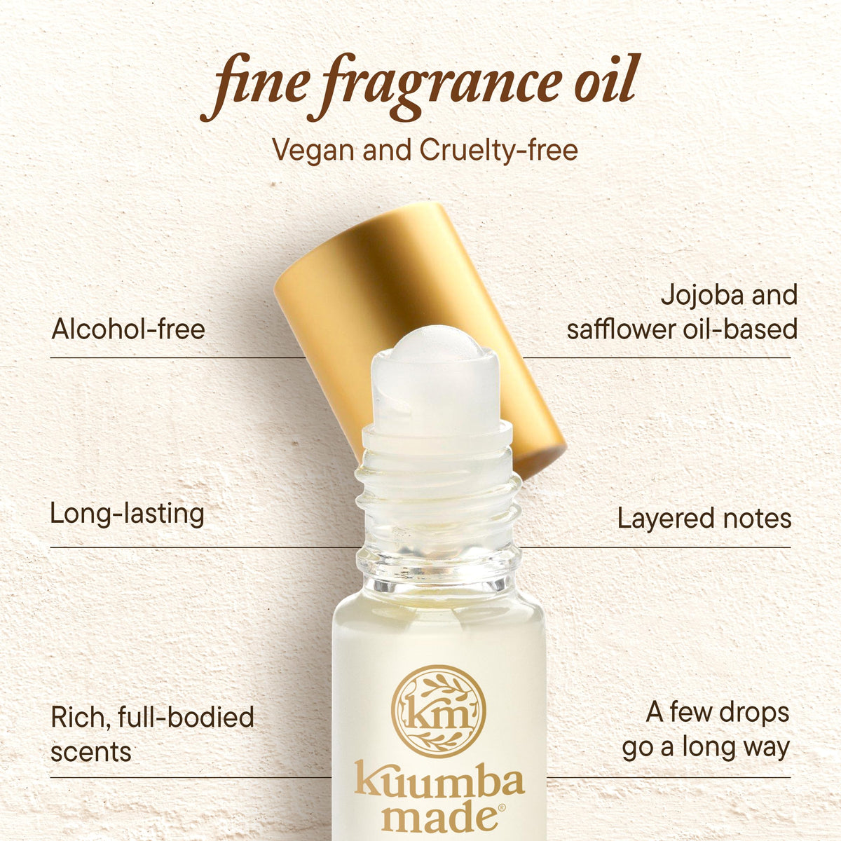 Kuumba Made roll-on in hand demonstrating travel-friendly 0.15 fl oz size