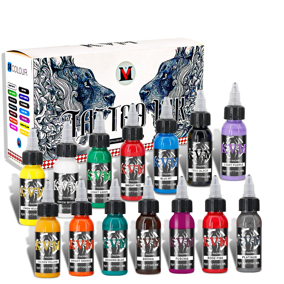 KVM front packaging showing 14 bottles and compact studio set