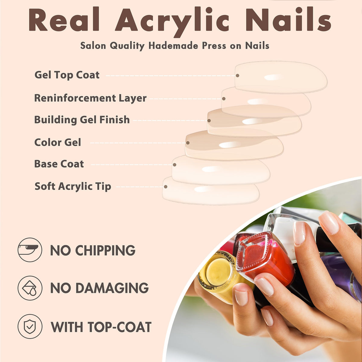KXAMELIE glossy topcoat detail emphasizing chip resistance and waterproof finish