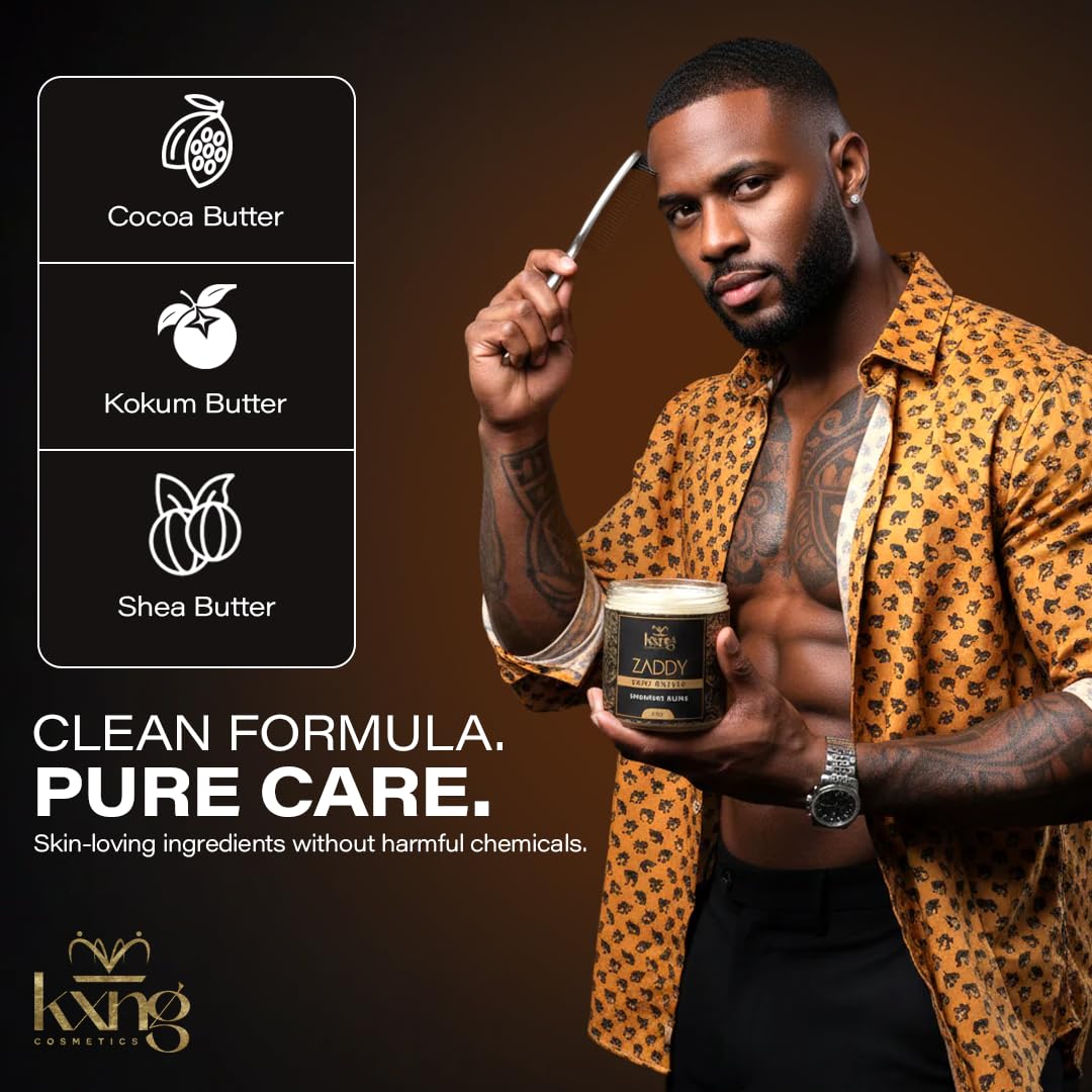 KXNG Cosmetics Zaddy scoop of ingredients highlighting natural butter nourishment