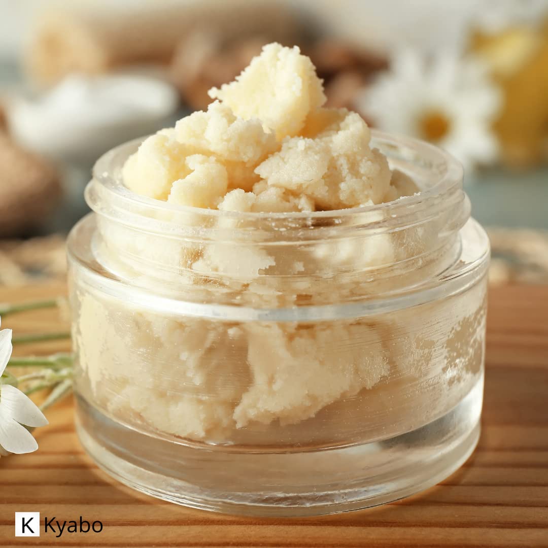 Kyabo Organics shea butter on bathroom shelf as a daily moisturizer