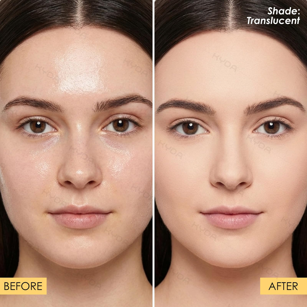 KYDA before and after showing reduced shine and smoother skin finish