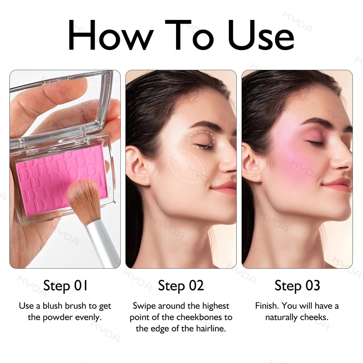KYDA blush applied on cheek showing natural flush and buildable radiance