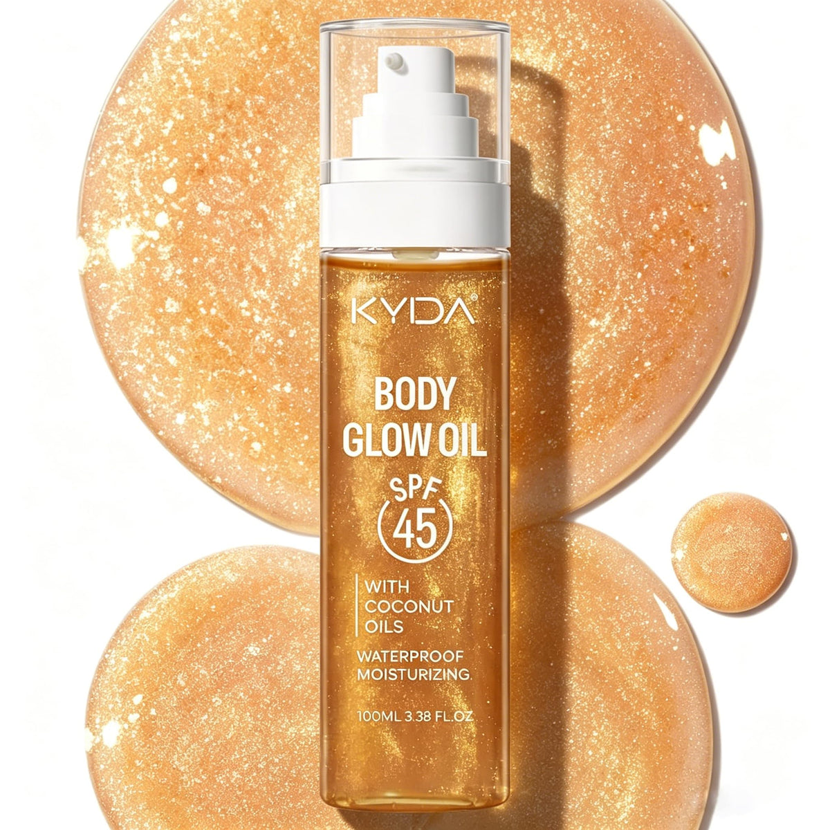 KYDA front packaging amber bottle showing pump and travel-size benefit