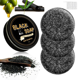 KYDA front packaging showing three black shampoo bars and label benefit