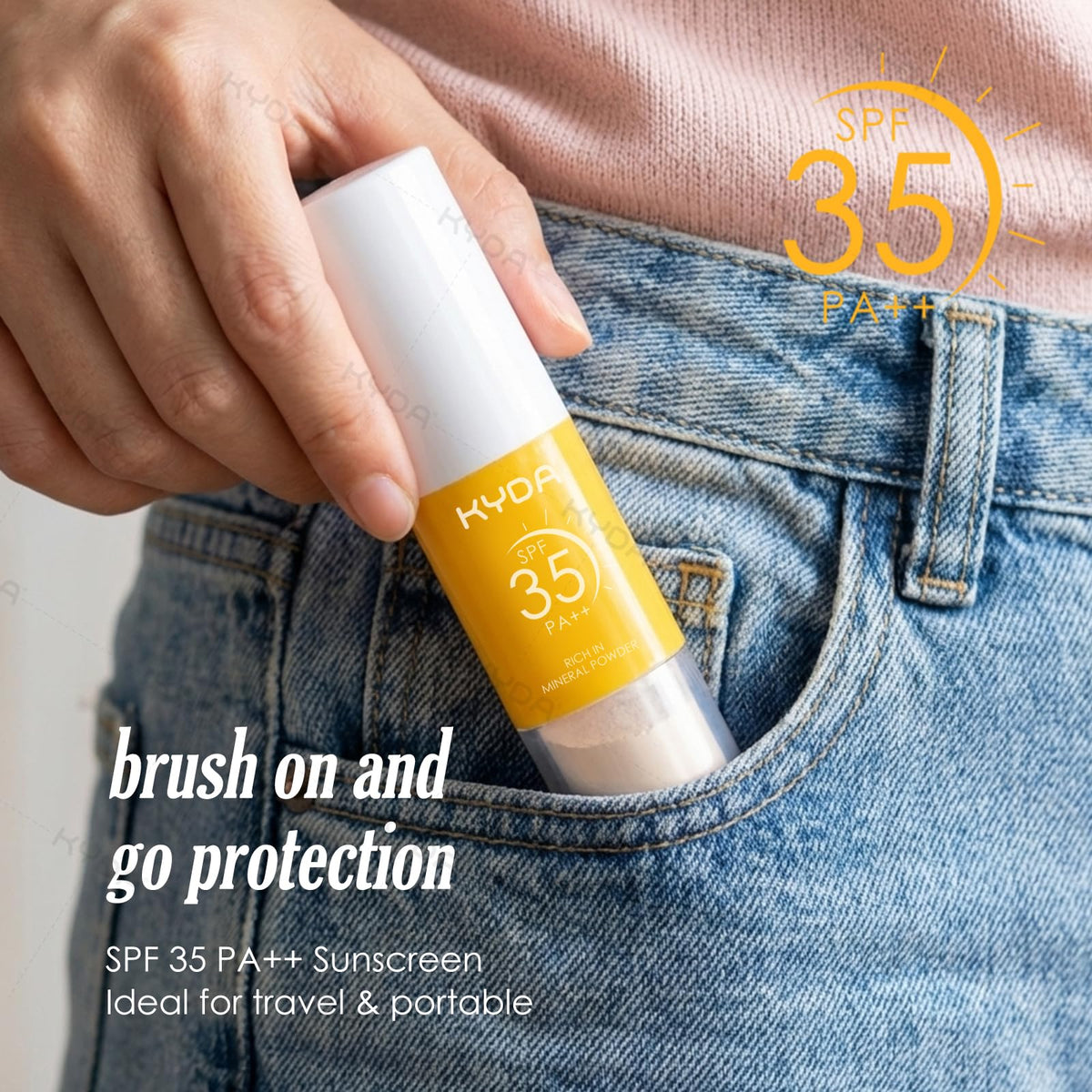 KYDA powder tucked in a beach bag illustrating sun-safe travel routine