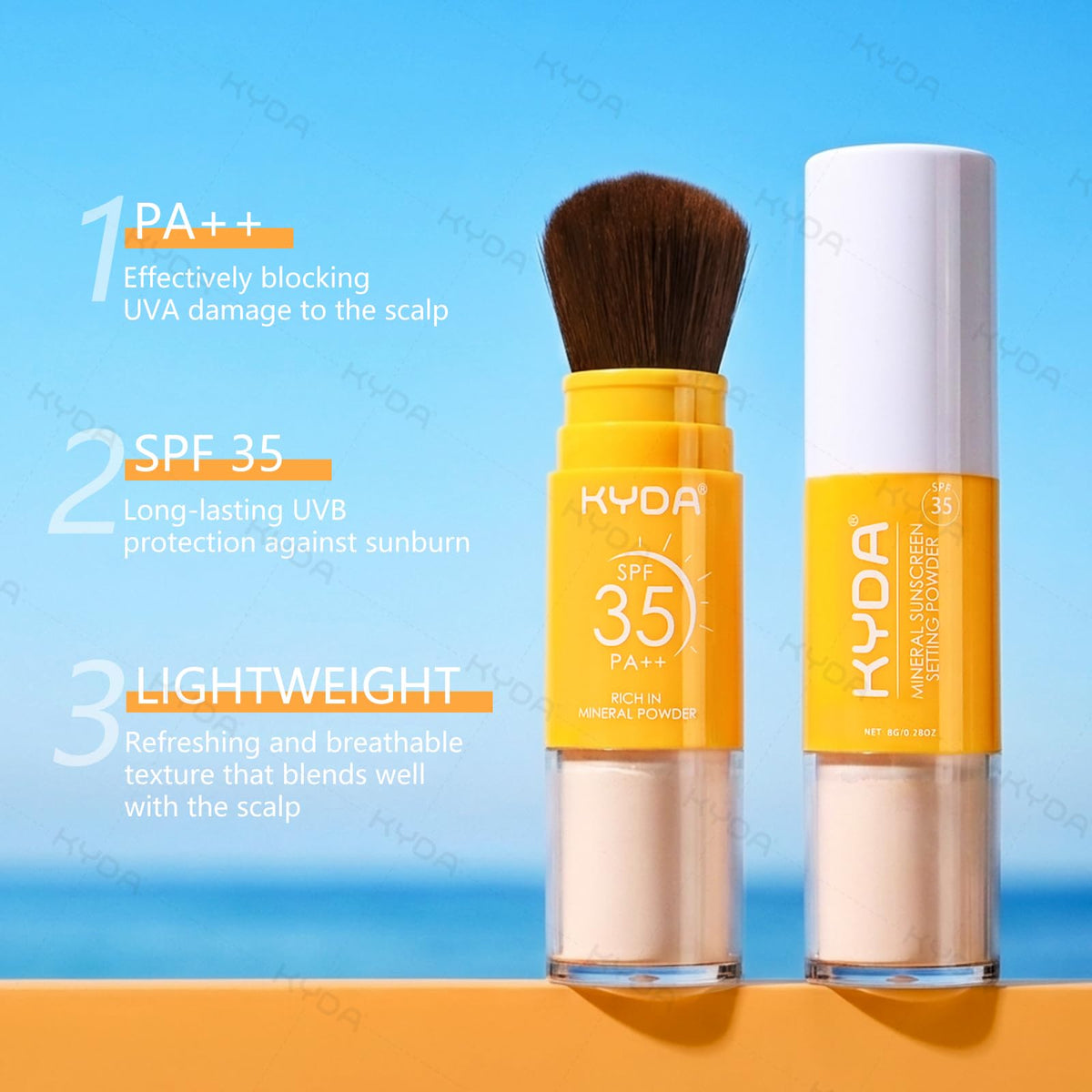 KYDA powder swatch and ingredients texture emphasizing mineral formula