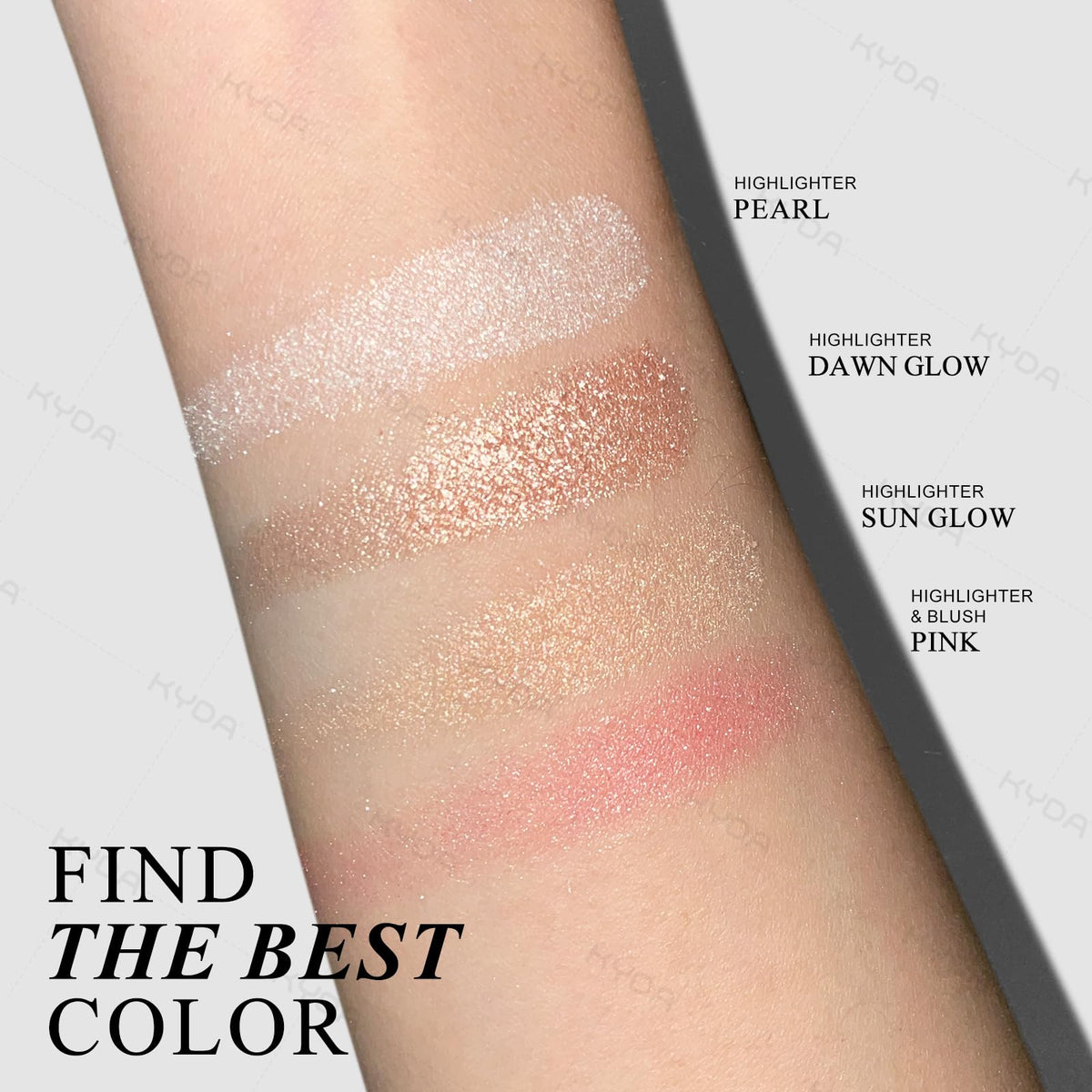 KYDA swatches on arm under light showing blendable champagne shimmer