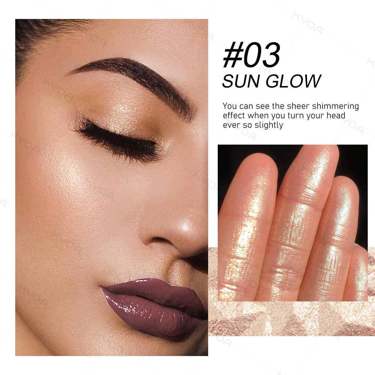 KYDA three highlighter shades top view showing mixable pearly finishes