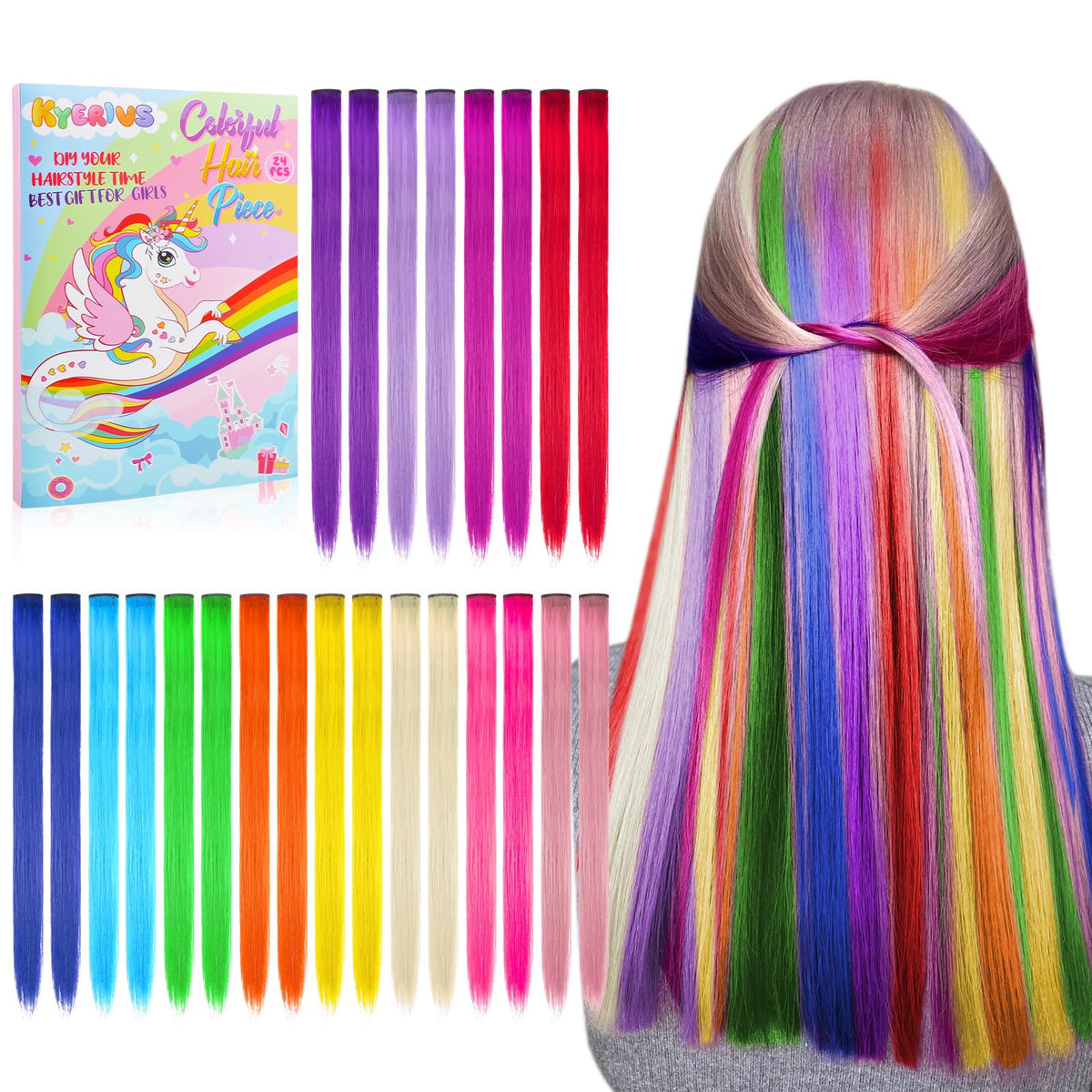 Kyerivs front packaging showing 24 colorful 22-inch clip-ins and variety