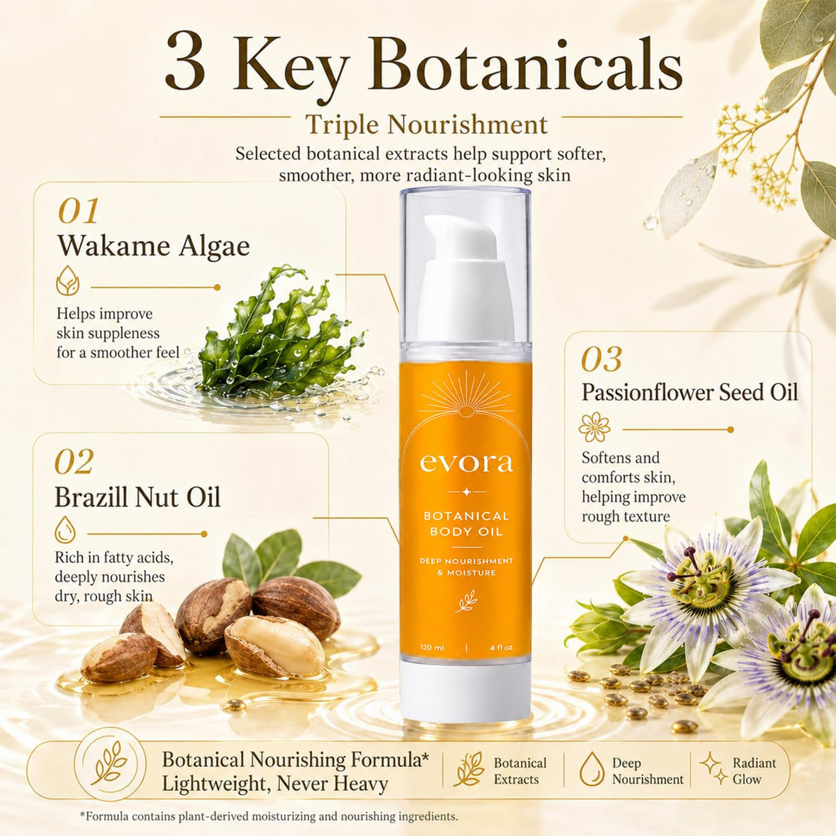 KYZTMHC Evora ingredients wakame algae and brazil nut displayed emphasizing nourishing blend