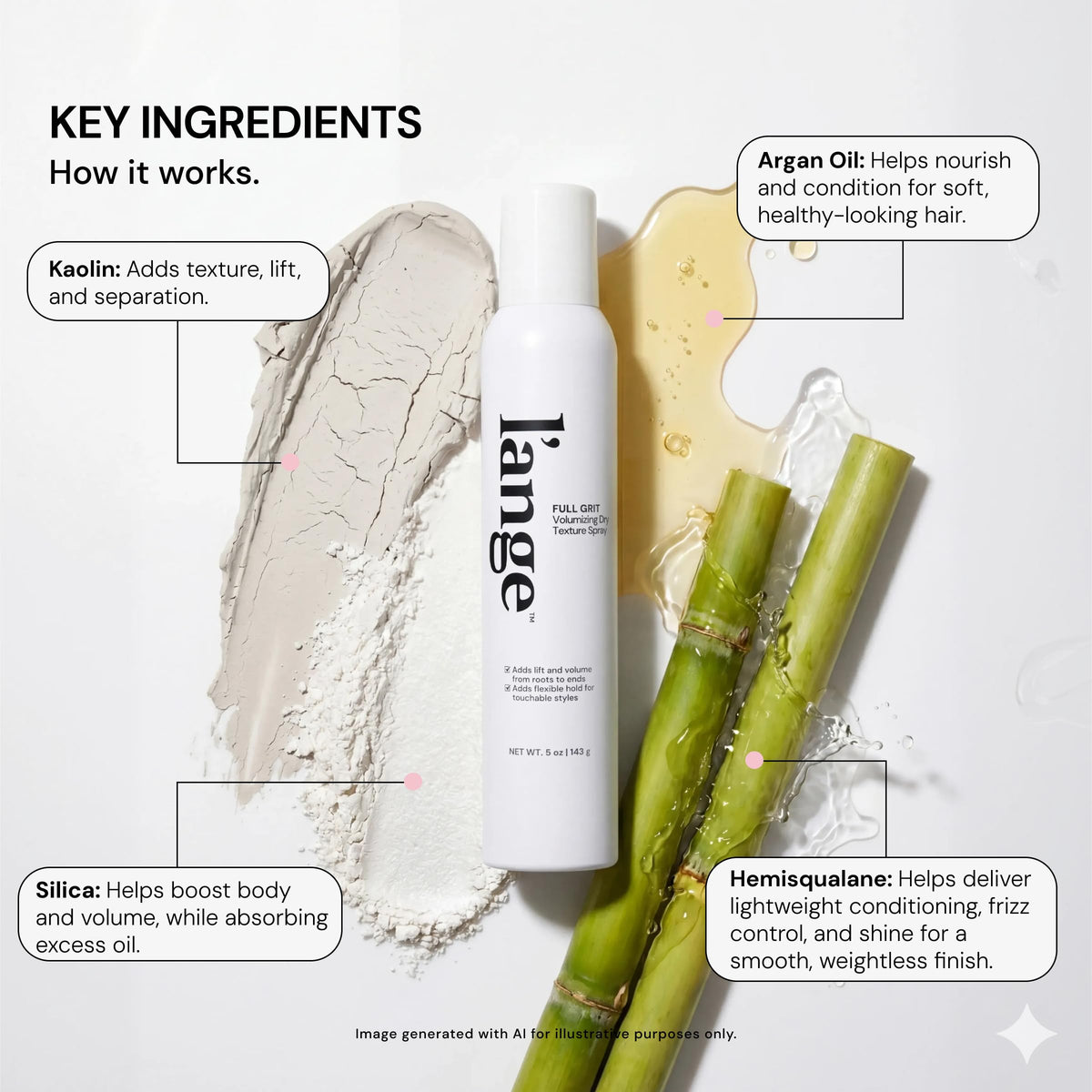 L'ANGE HAIR ingredient focus on kaolin and silica jars showing oil absorption and lightweight texture