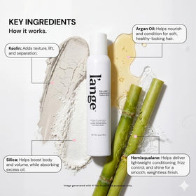 L'ANGE HAIR ingredient focus on kaolin and silica jars showing oil absorption and lightweight texture