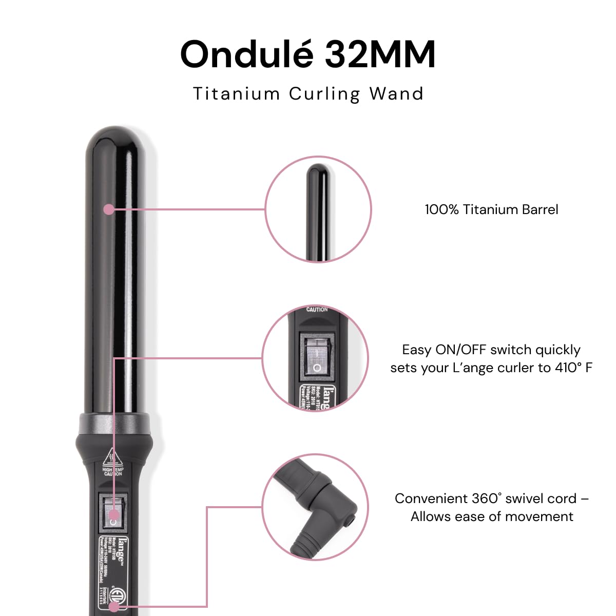 L'ANGE HAIR close-up of tourmaline-infused ceramic barrel delivering even heat and reduced frizz