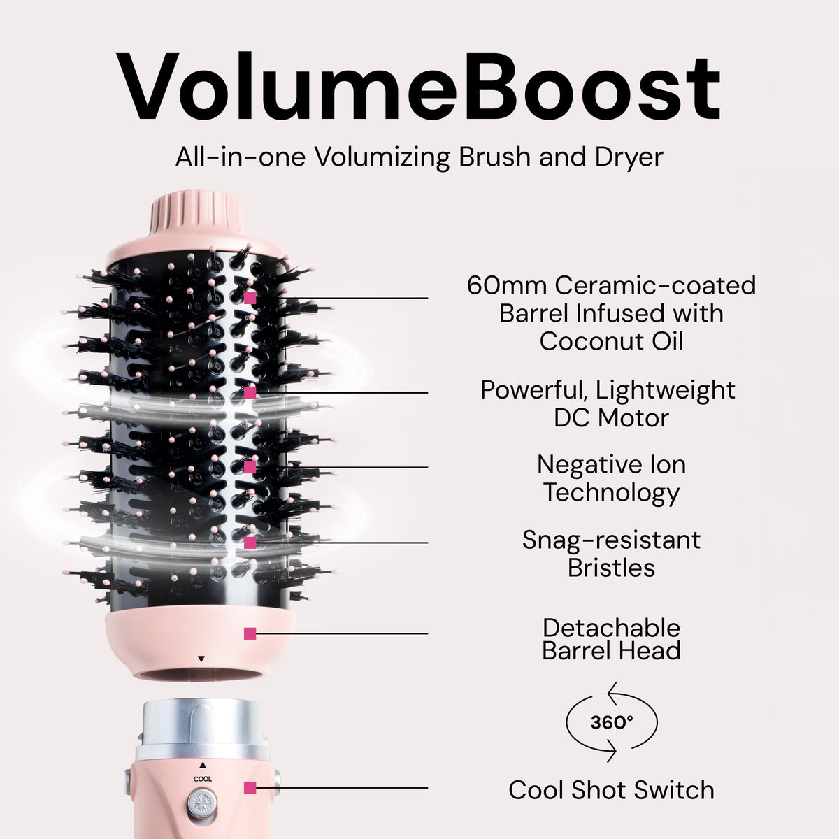 L'ANGE HAIR VolumeBoost ceramic-coated barrel close-up showing coconut oil-infused shine benefit