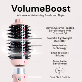 L'ANGE HAIR VolumeBoost ceramic-coated barrel close-up showing coconut oil-infused shine benefit