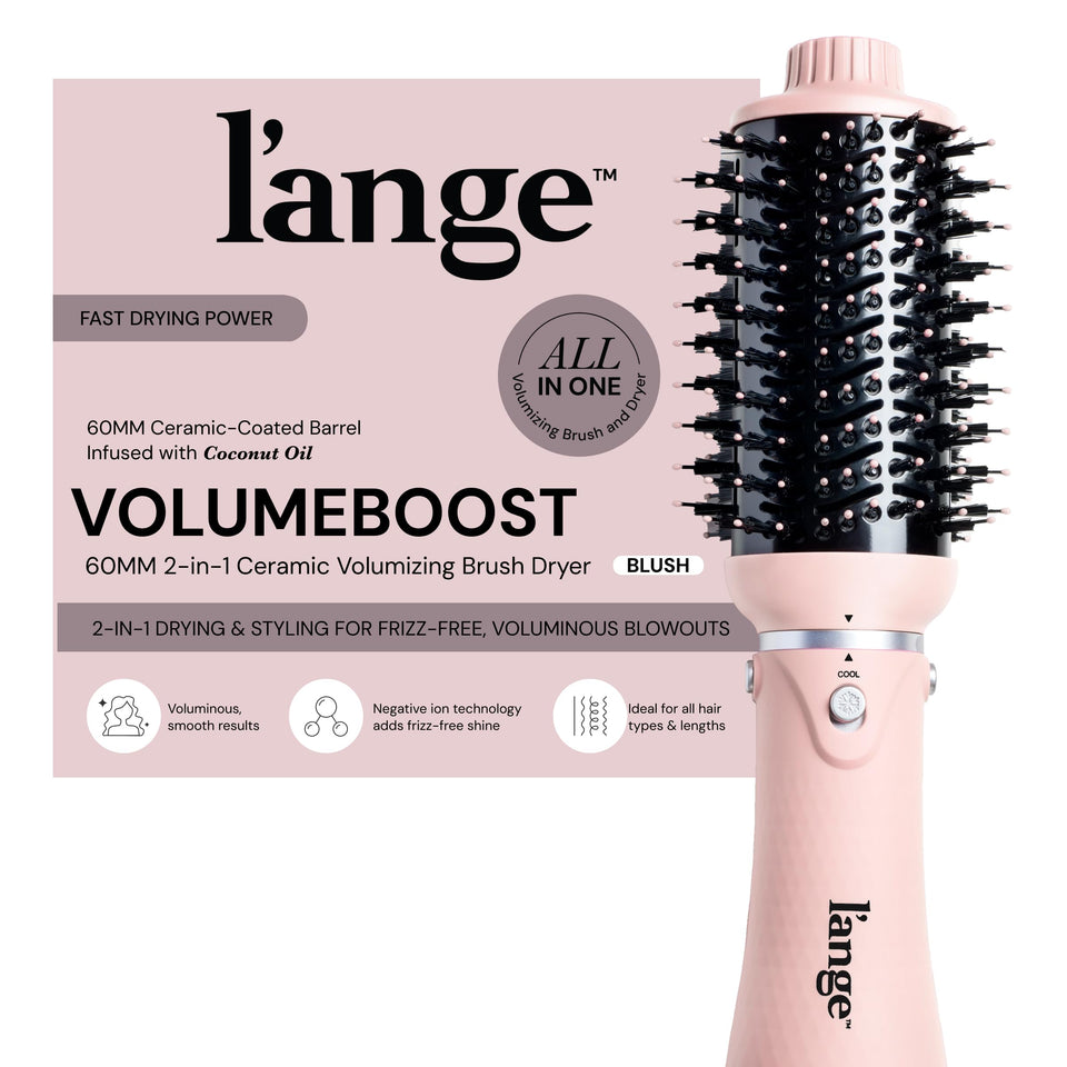 L'ANGE HAIR VolumeBoost front view showing blush finish and ergonomic handle for comfortable styling