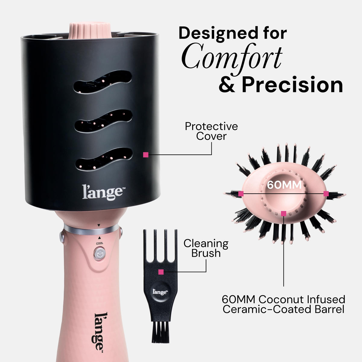 L'ANGE HAIR VolumeBoost label and controls close-up highlighting heat settings and cool shot