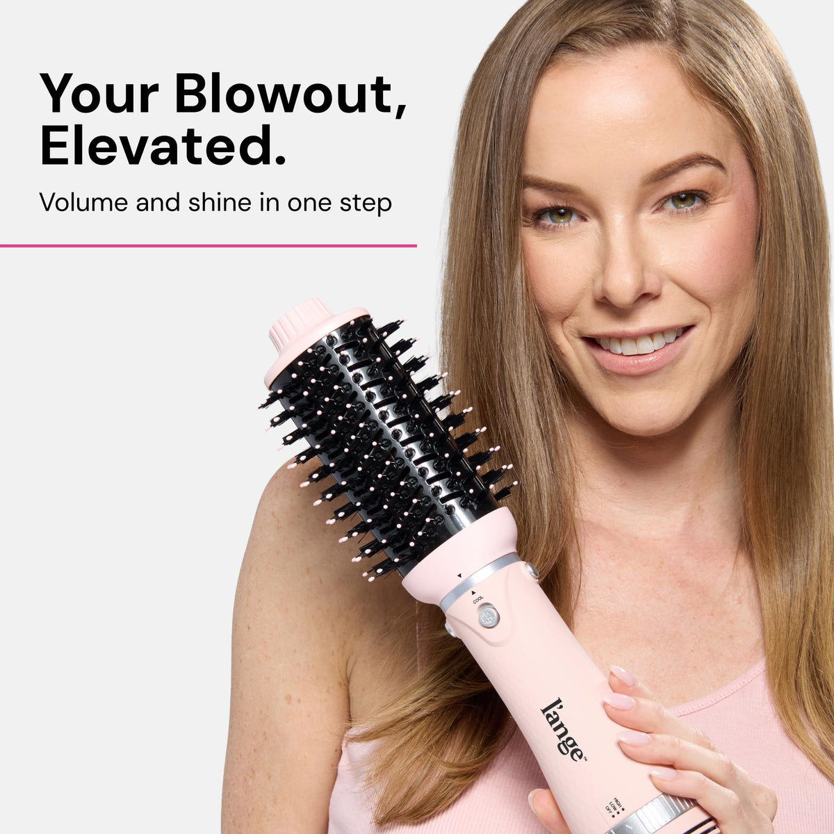 L'ANGE HAIR VolumeBoost finished blowout on model showing voluminous, frizz-reduced shine