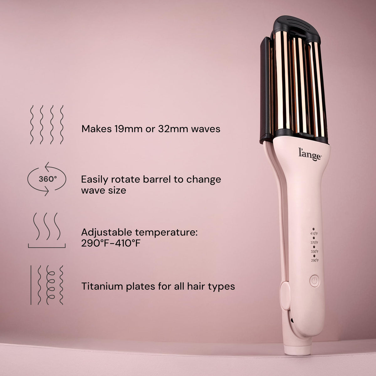 L'ANGE HAIR close-up of titanium barrels highlighting smooth even heat for shine