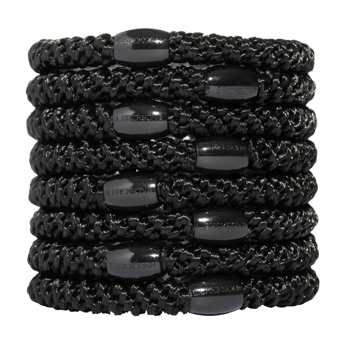 L. Erickson front pack of eight black ponytail holders showing tidy packaging and quantity benefit