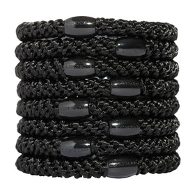 L. Erickson front pack of eight black ponytail holders showing tidy packaging and quantity benefit