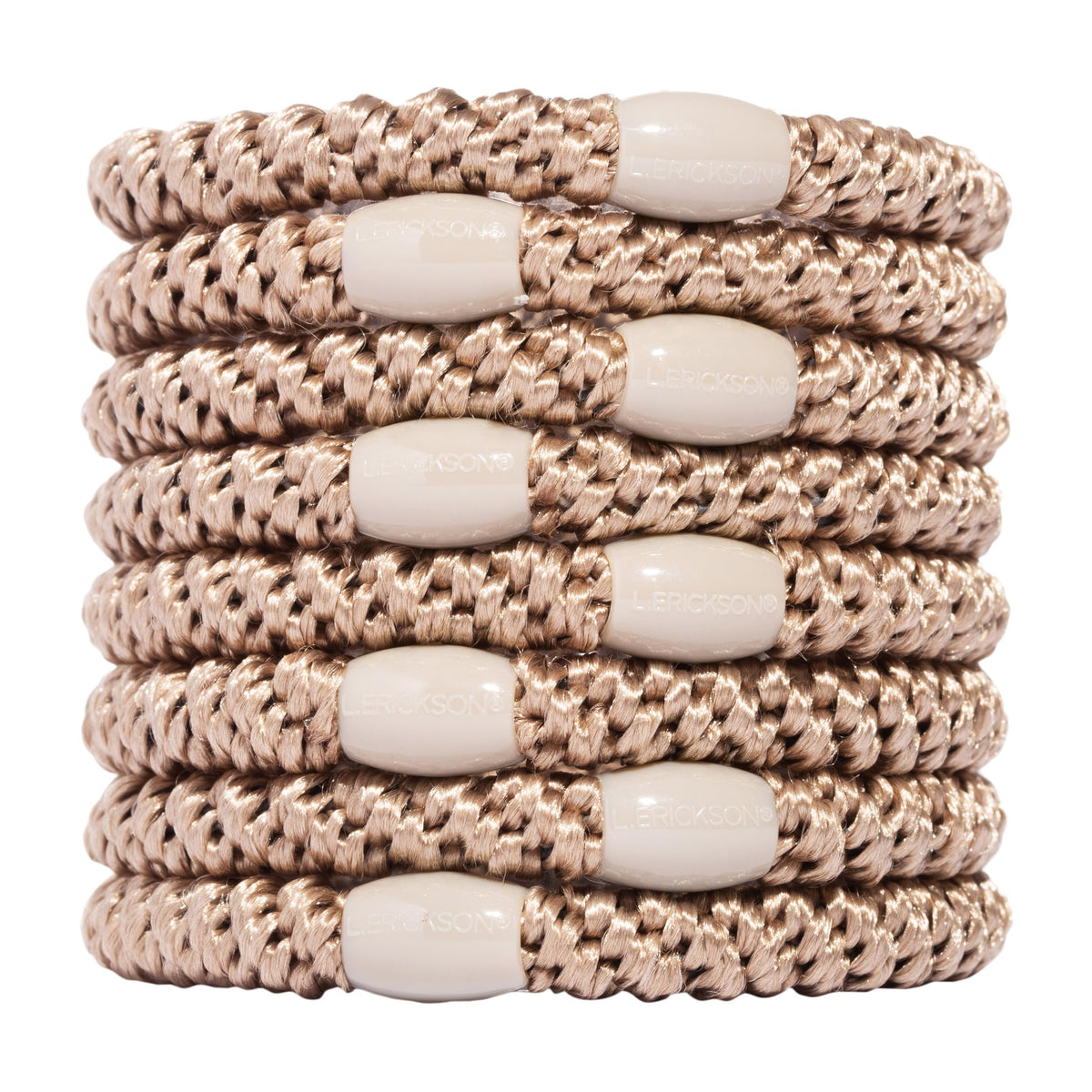 L. Erickson front packaging showing eight blonde hair ties and benefit durable hold