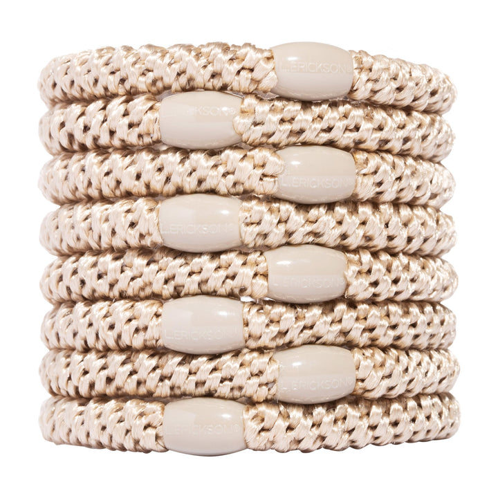 L. Erickson front packaging showing eight camel beige hair ties and benefit of organized storage