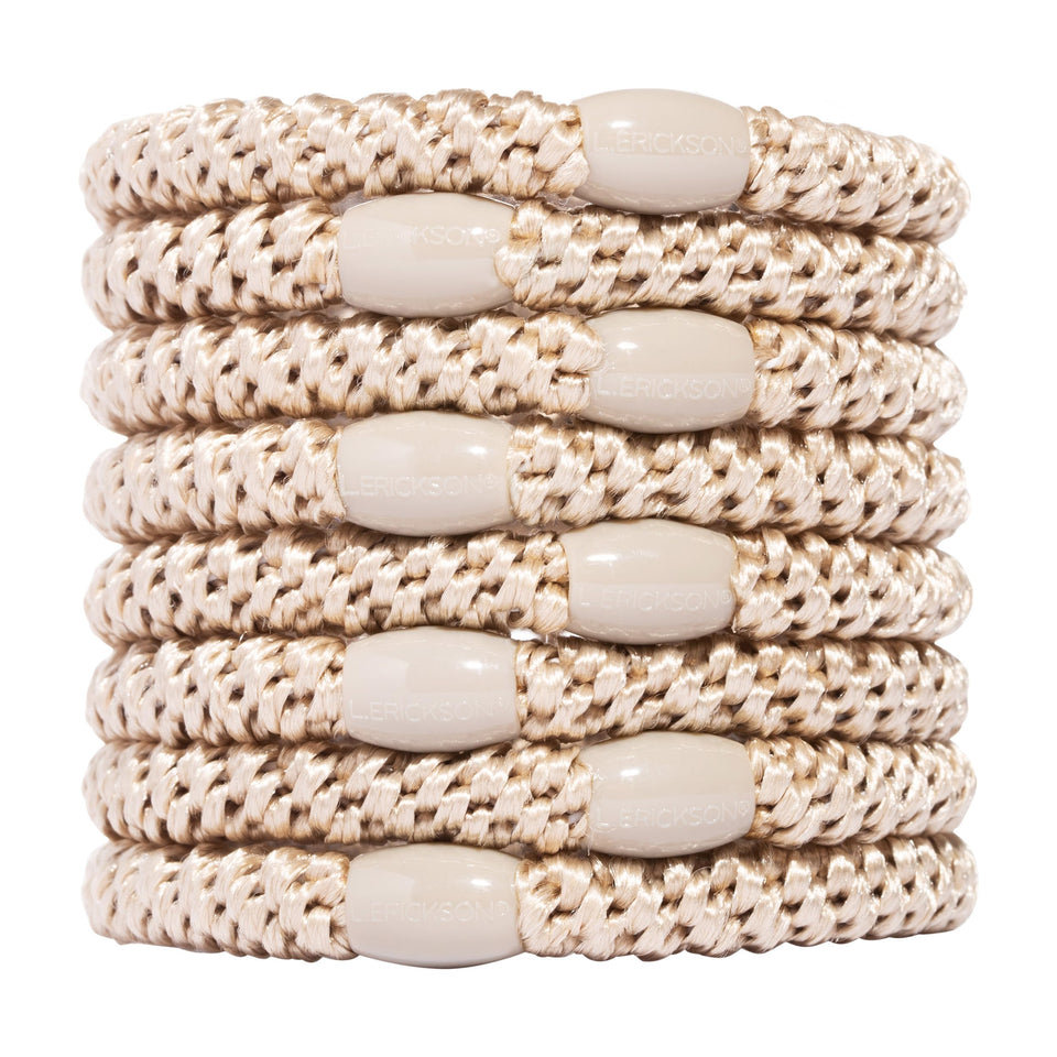 L. Erickson front packaging showing eight camel beige hair ties and benefit of organized storage