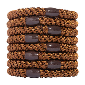L. Erickson front pack showing eight mocha hair ties and neat presentation benefit