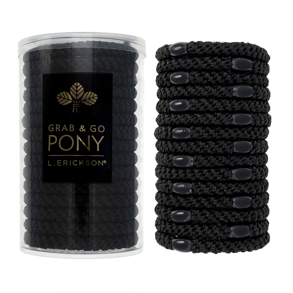 L. Erickson front packaging showing 15 black ties and travel-friendly tube for organization
