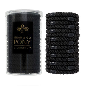 L. Erickson front packaging showing 15 black ties and travel-friendly tube for organization