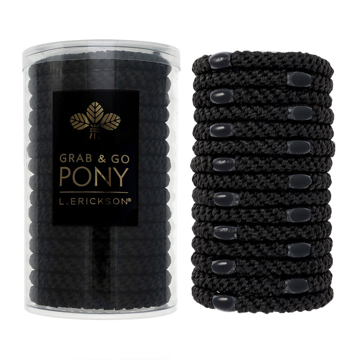 L. Erickson front packaging showing 15 black ties and travel-friendly tube for organization